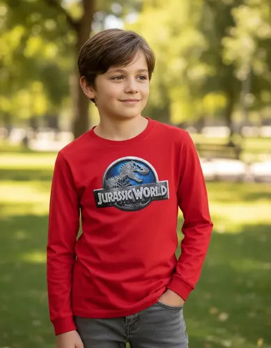 Polera Manga Larga Algodón Niños Jurassic World Dinosaurios