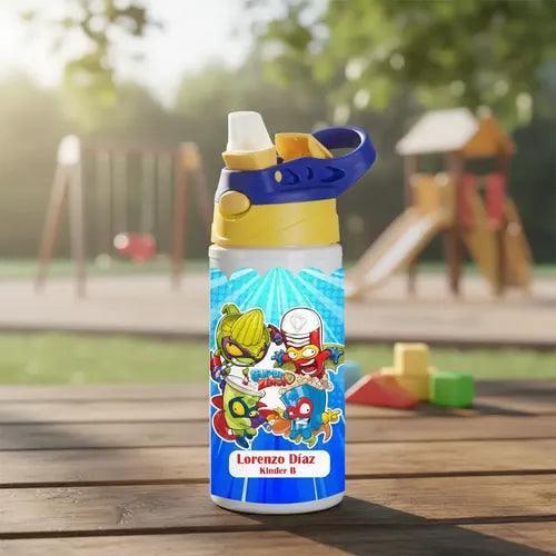 Botella Agua Colegio Super Zing Personalizada Niños Blanco