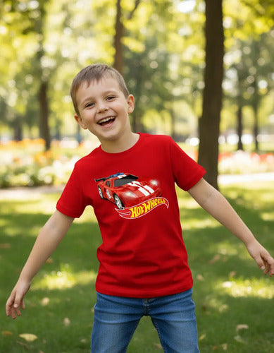 Polera Color Algodón 100% Niños Auto Rojo Hot Wheels