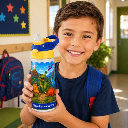 Botella De Agua Para Niños Personalizada Dinosaurios Niños Blanco