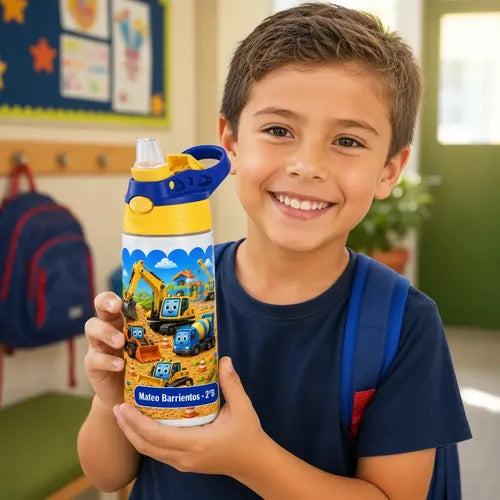 Botella De Agua Para Niños Personalizada Construcción Niños Blanco