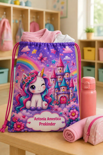 Mochila Morral Unicornio 2 Bolsa Colegio Personalizada D1 Fucsia Estampado