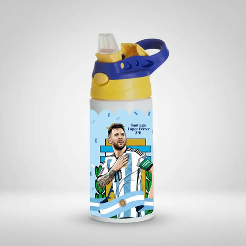 Botella Agua Colegio Messi Futbol Personalizada Niños Blanco
