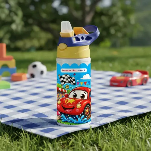 Botella Agua Niño Térmica Escolar Personalizada Auto Car 2 Blanco