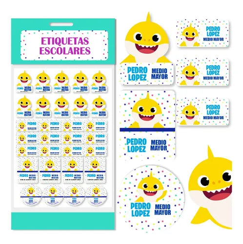Etiquetas Marcar Ropa Y Utiles Escolares Baby Shark Niño Amarillo Unica