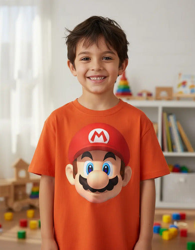 Polera Color Algodón 100% Niños Mario Bros Cabeza
