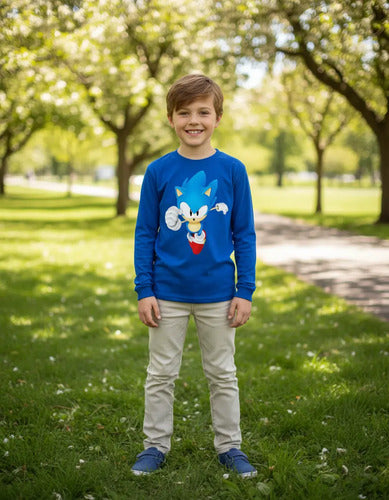 Polera Manga Larga Algodón Niños Sonic