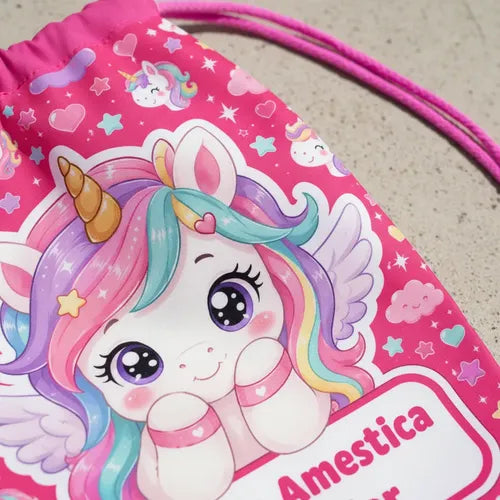 Mochila Morral Tela Unicornio Personalizada Colegio Jardin Fucsia Estampado