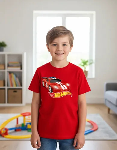 Polera Color Algodón 100% Niños Auto Rojo Hot Wheels