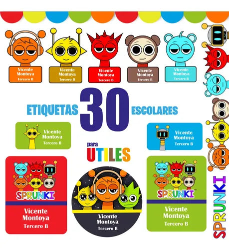 Etiquetas Escolares Personalizadas Sprunki Utiles Adhesivas