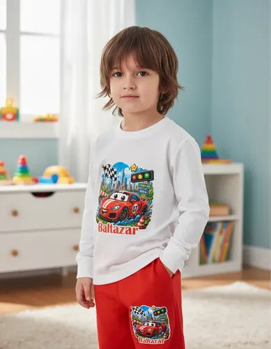 Pijama Largo Auto Car Rojo Niño Personalizado Algodón