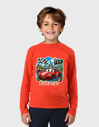 Polera Auto Car Rojo Personalizada Niño Manga Larga Algodon