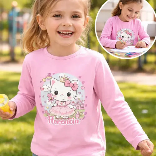 Polera Gatita Unicornio Kawai Personalizada Niña Manga Larga