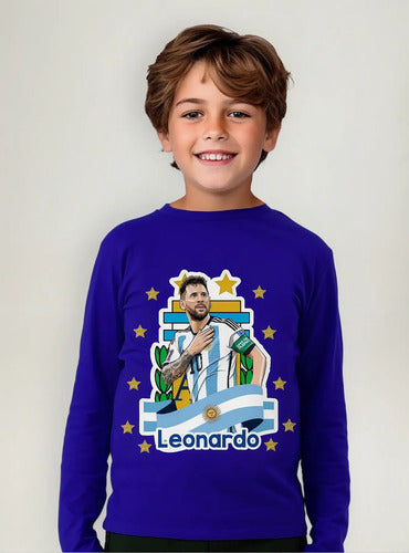 Polera Messi Futbol Personalizada Niños Manga Larga Algodón