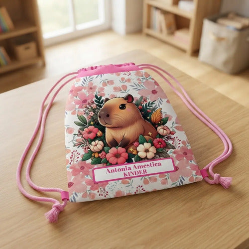 Mochila Morral Capibara  Personalizada Bolsa Tela Colegio Fucsia Estampado