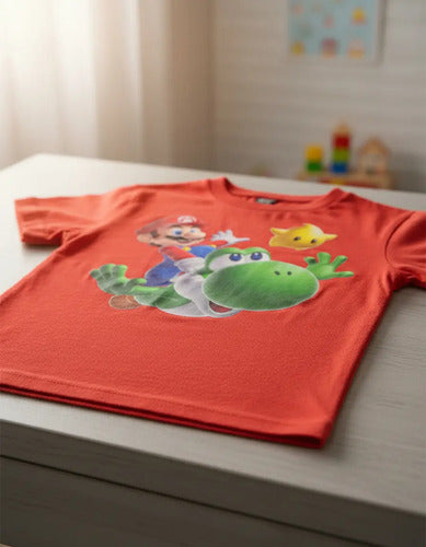 Polera Color Algodón 100% Niños Mario Bros Yoshi Estrella