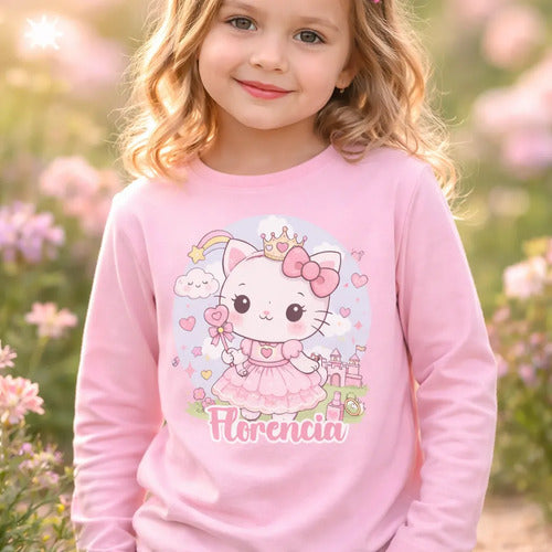 Polera Gatita Unicornio Kawai Personalizada Niña Manga Larga