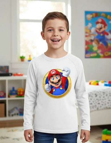 Camiseta Polar Manga Larga Polera Niño Niña Mario Bros Puño