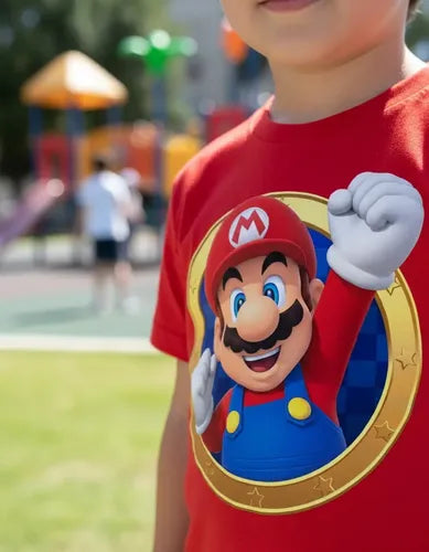 Polera Color Algodón 100% Niños Mario Bros Puño