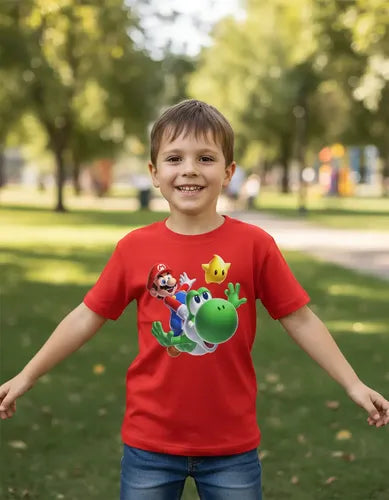Polera Color Algodón 100% Niños Mario Bros Yoshi Estrella