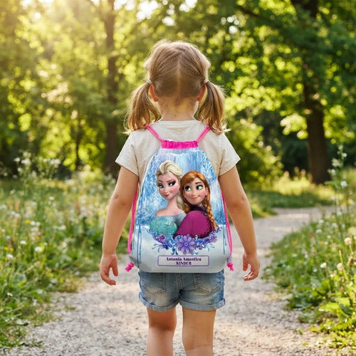 Mochila Morral Frozen Personalizada Bolsatela Colegio Jardin Fucsia Estampado
