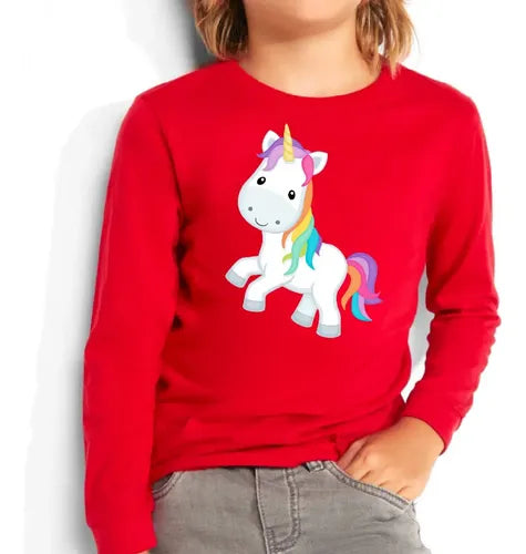 Polera Manga Larga Algodón Niñas Unicornio Arcoiris