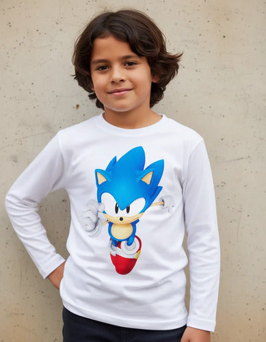 Camiseta Polar Manga Larga Polera Niño Sonic Corriendo