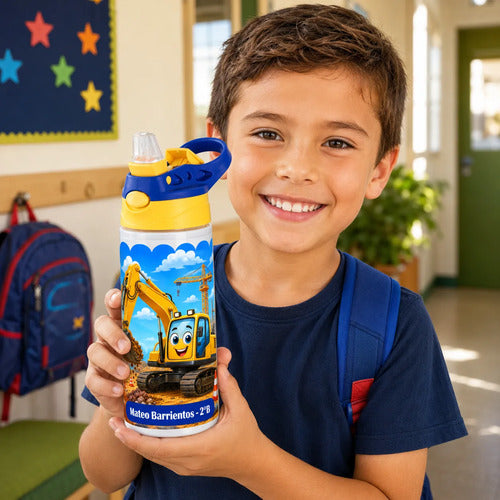 Botella De Agua Para Niños Personalizada Excavadora Niños Blanco