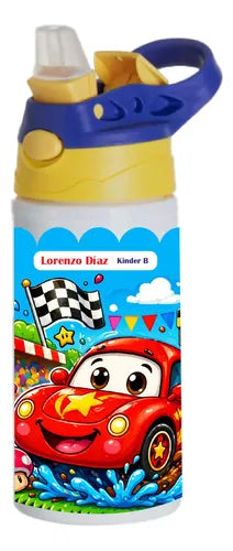 Botella Agua Niño Térmica Escolar Personalizada Auto Car 2 Blanco