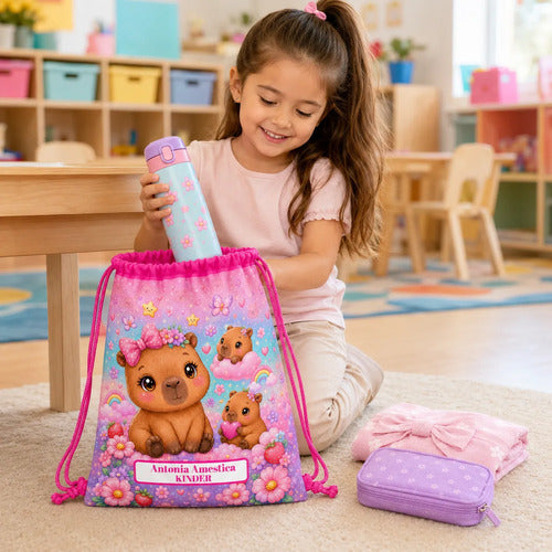 Mochila Bolsa Tela Jardin Infantil Colegio Capibara Niña 2 Fucsia Estampado