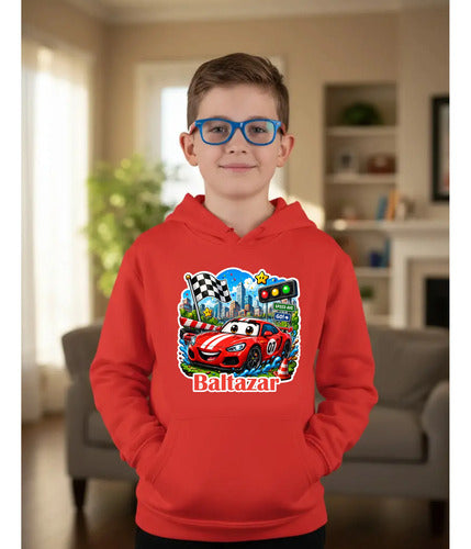 Polerón Canguro Auto Car Rojo Carreras Niños Personalizado