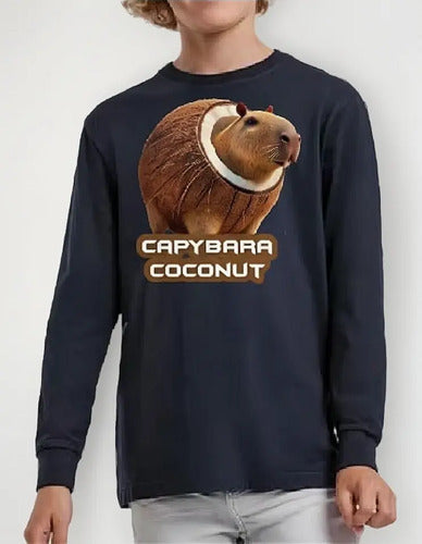 Polera Manga Larga Algodón Niños Capibara Coconut Brainrot