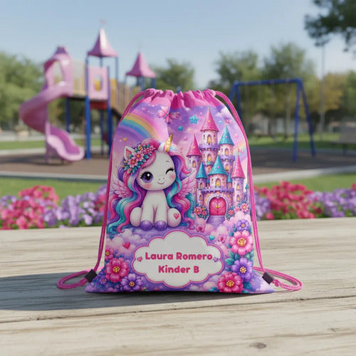 Mochila Morral Unicornio 2 Bolsa Colegio Personalizada D1 Fucsia Estampado