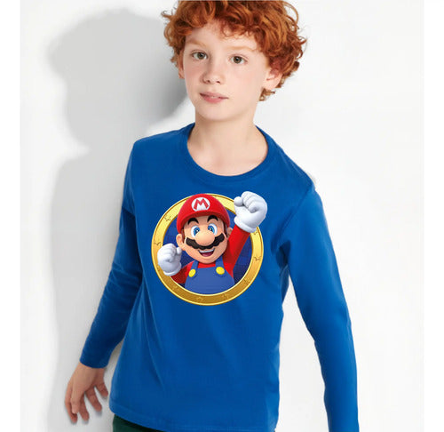 Polera Manga Larga Algodón Niños Mario Bros Puño