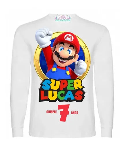 Polera Manga Larga Estampada Niño Cumpleaños Mario Bros