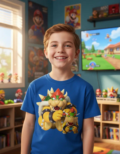 Polera Color Algodón 100% Niños Bowser E Hijo Mario