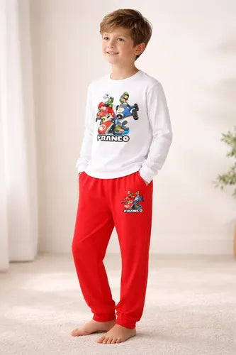 Pijama Largo Mario Kart 2 Personalizado 100% Algodón Niños
