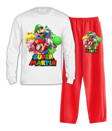Pijama Largo Mario Bros Y Amigos Personalizado 100% Algodón