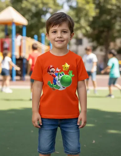 Polera Color Algodón 100% Niños Mario Bros Yoshi Estrella