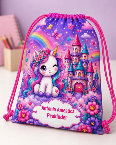 Mochila Morral Unicornio 2 Bolsa Colegio Personalizada D1 Fucsia Estampado
