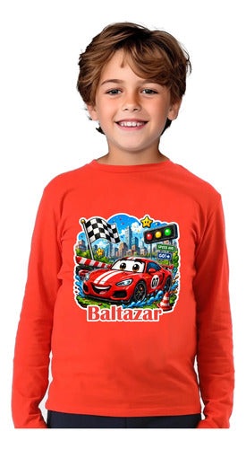 Polera Auto Car Rojo Personalizada Niño Manga Larga Algodon