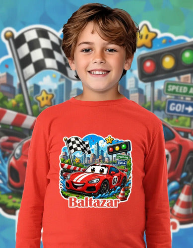 Polera Auto Car Rojo Personalizada Niño Manga Larga Algodon