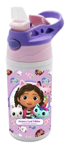 Botella Agua Colegio La Casa De Gabby Personalizada Niñas Blanco