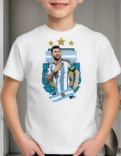 Polera Color Algodón 100% Niños Messi Argentina Campeón