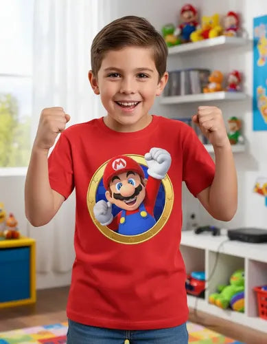 Polera Color Algodón 100% Niños Mario Bros Puño