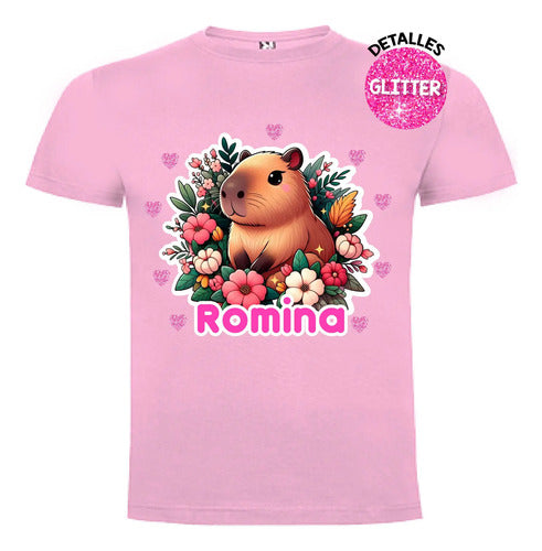 Polera Capibara Flores Niñas Algodón 100% Personalizada