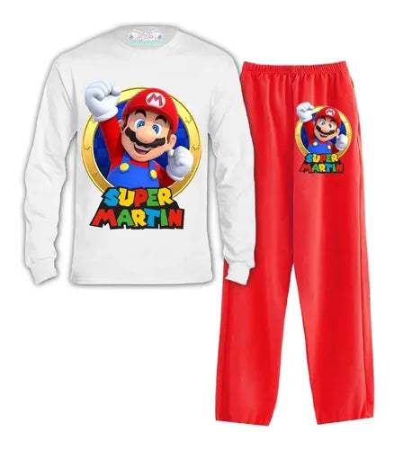 Pijama Largo Mario Bros 1 Personalizado 100% Algodón Niños