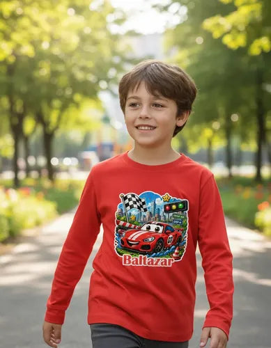 Polera Auto Car Rojo Personalizada Niño Manga Larga Algodon