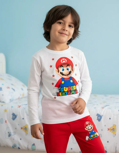 Pijama Largo Super Mario Bros Niños Algodón Personalizado