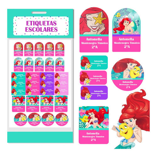 Etiquetas Escolares Personalizadas Ariel La Sirenita  Fucsia